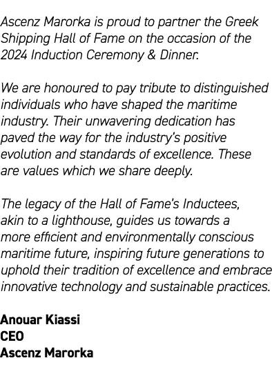 Ascenz Marorka is proud to partner the Greek Shipping Hall of Fame on the occasion of the 2024 Induction Ceremony & D...