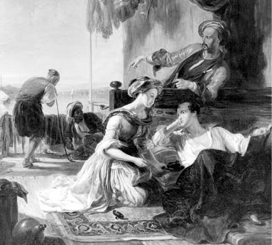 WH9D50 George Gordon Byron, (1788-1824), English poet. Lord Byron reposing in the house of a Turkish fisherman, after swimming across the Hellespoint.