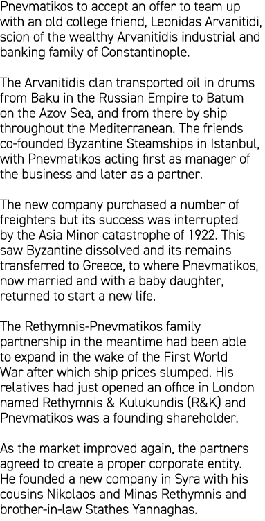 Pnevmatikos to accept an offer to team up with an old college friend, Leonidas Arvanitidi, scion of the wealthy Arvan...